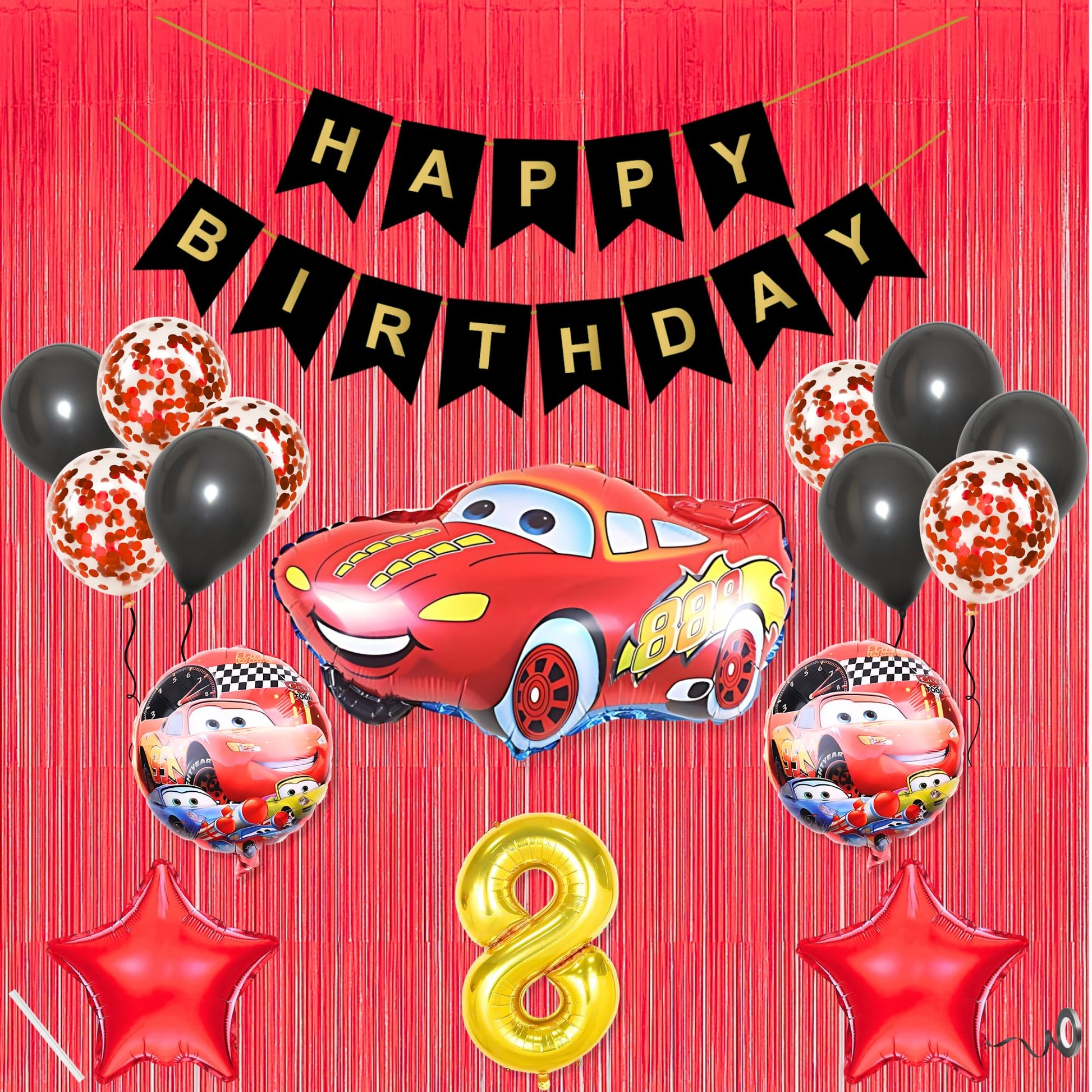 8Th Car Theme Happy Birthday Banner Decoration Black For 8 Year Old Baby Boys Girls Kids 5 Pc Lightning Macqueen Theme 10 Pc Con
