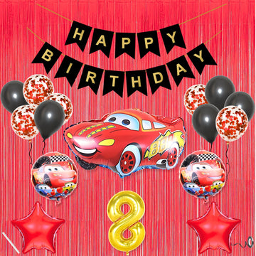 8Th Car Theme Happy Birthday Banner Decoration Black For 8 Year Old Baby Boys Girls Kids 5 Pc Lightning Macqueen Theme 10 Pc Con