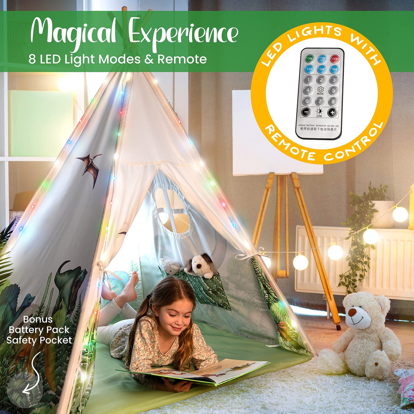 W&O Dinosaur Discovery Teepee with Roar Button, LED Lights & Plush Mat - Stable Dino Teepee for Playtime Fun