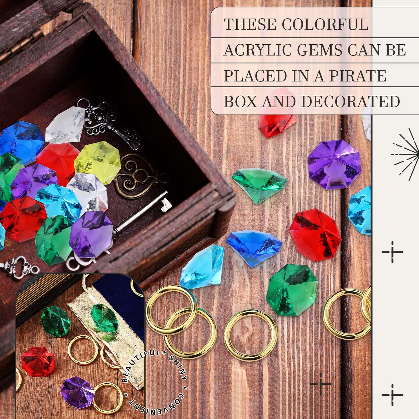 Hanaive 28 Pieces Acrylic Diamond Gems Jewels and Alloy Gold Round Ring Set Ring Pirate Treasure Hunting Birthday Party Favor Su