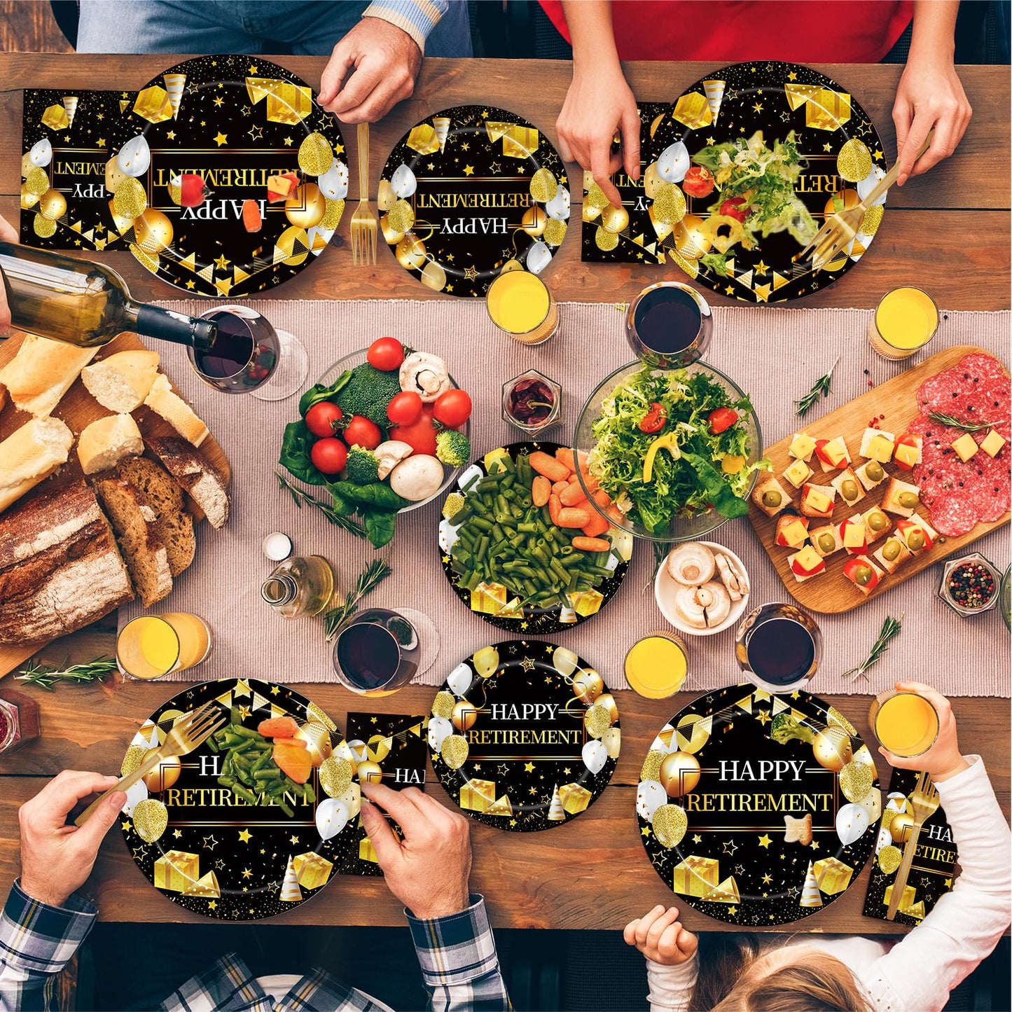 Kepeel 96 Pcs Retirement Party Plates And Napkins Set, Happy Retirement Party Supplies Decorations For Men Women Gold And Black