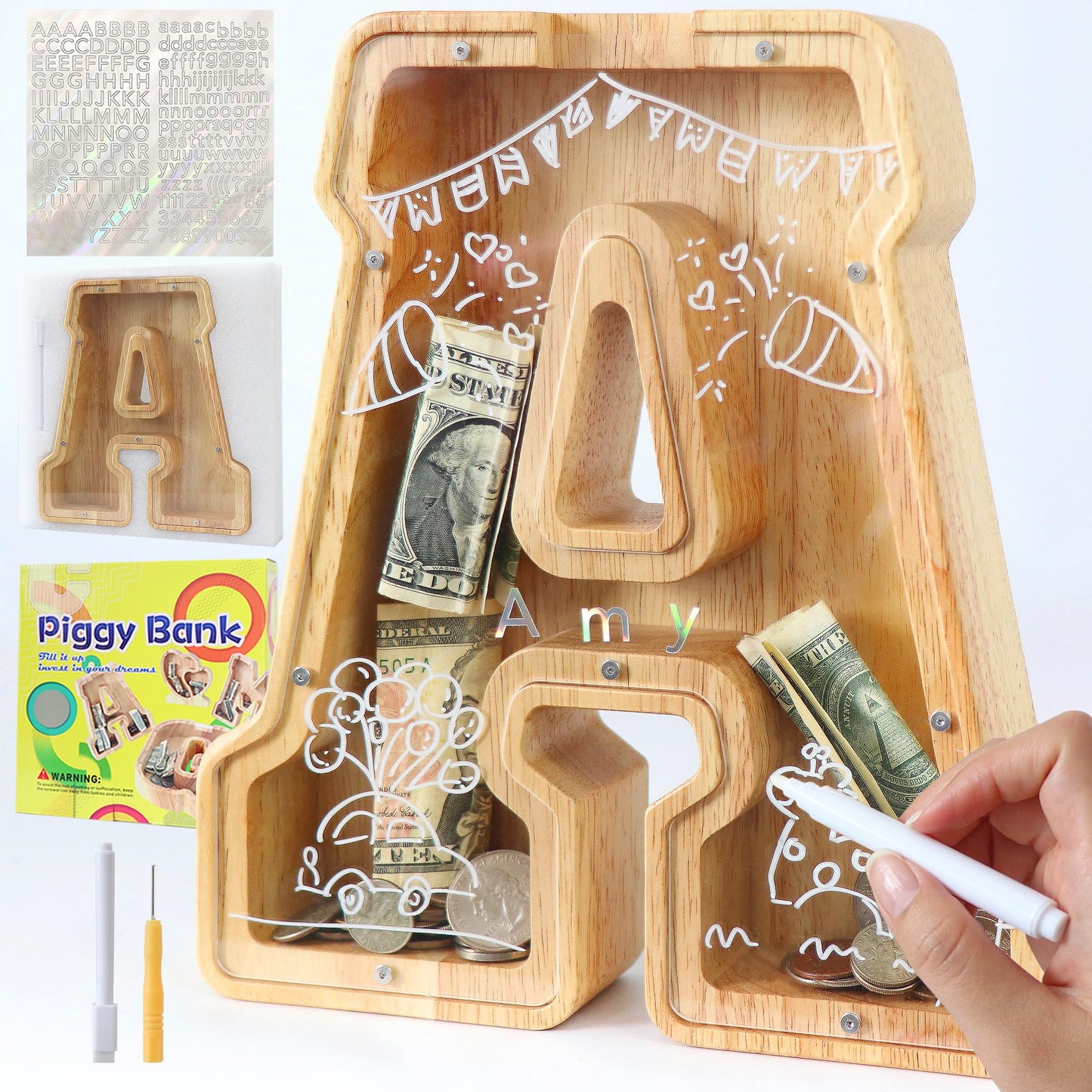 Weallbuy Large Letter Piggy Bank For Kids Boys Girls Wooden Personalized Piggy Banks A-Z With Target Area Clear Alphabet Banknot