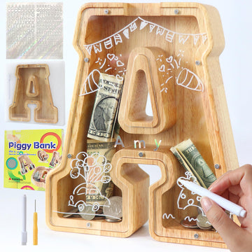 Weallbuy Large Letter Piggy Bank For Kids Boys Girls Wooden Personalized Piggy Banks A-Z With Target Area Clear Alphabet Banknot