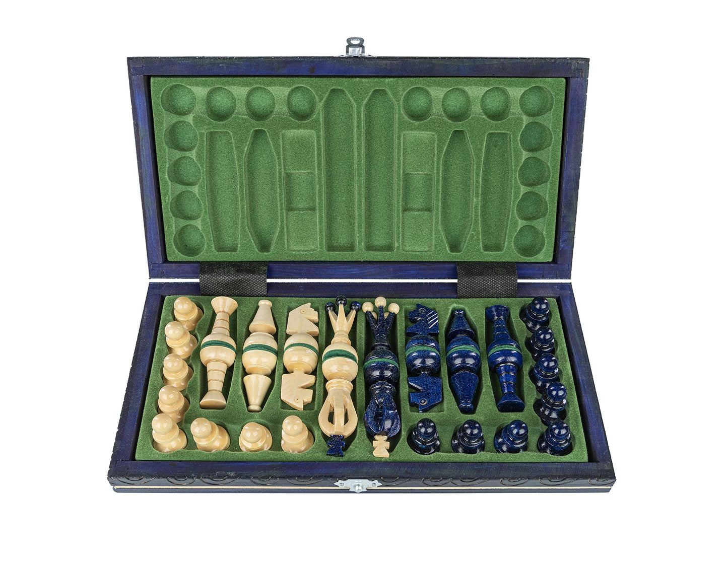 Chess and Games Shop Muba Wooden Folding Chess Set - Vintage 14" Carved Pieces in Blueberry Color