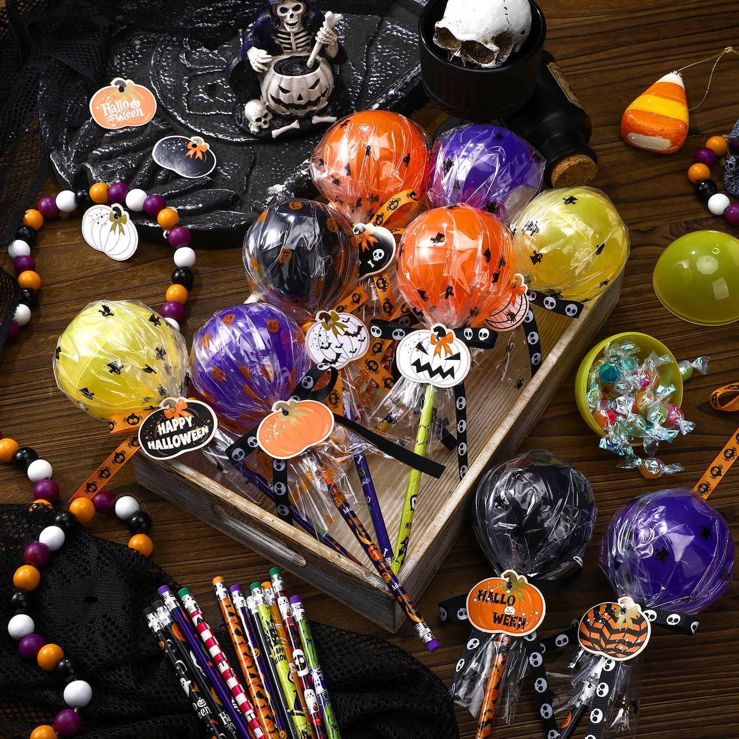 Simgoing 96 Pcs Halloween Party Favors Gift Trick or Treat Container Halloween Pencil Empty Giant Lollipop Stationery Candy Fill