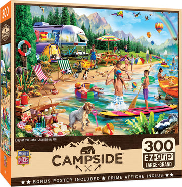 Masterpieces - 300 Piece Jigsaw Puzzle, Large Ez Grip Shapes, Camp Day At The Lake, Fun For Adults, Seniors, Family, Kids, Non-G