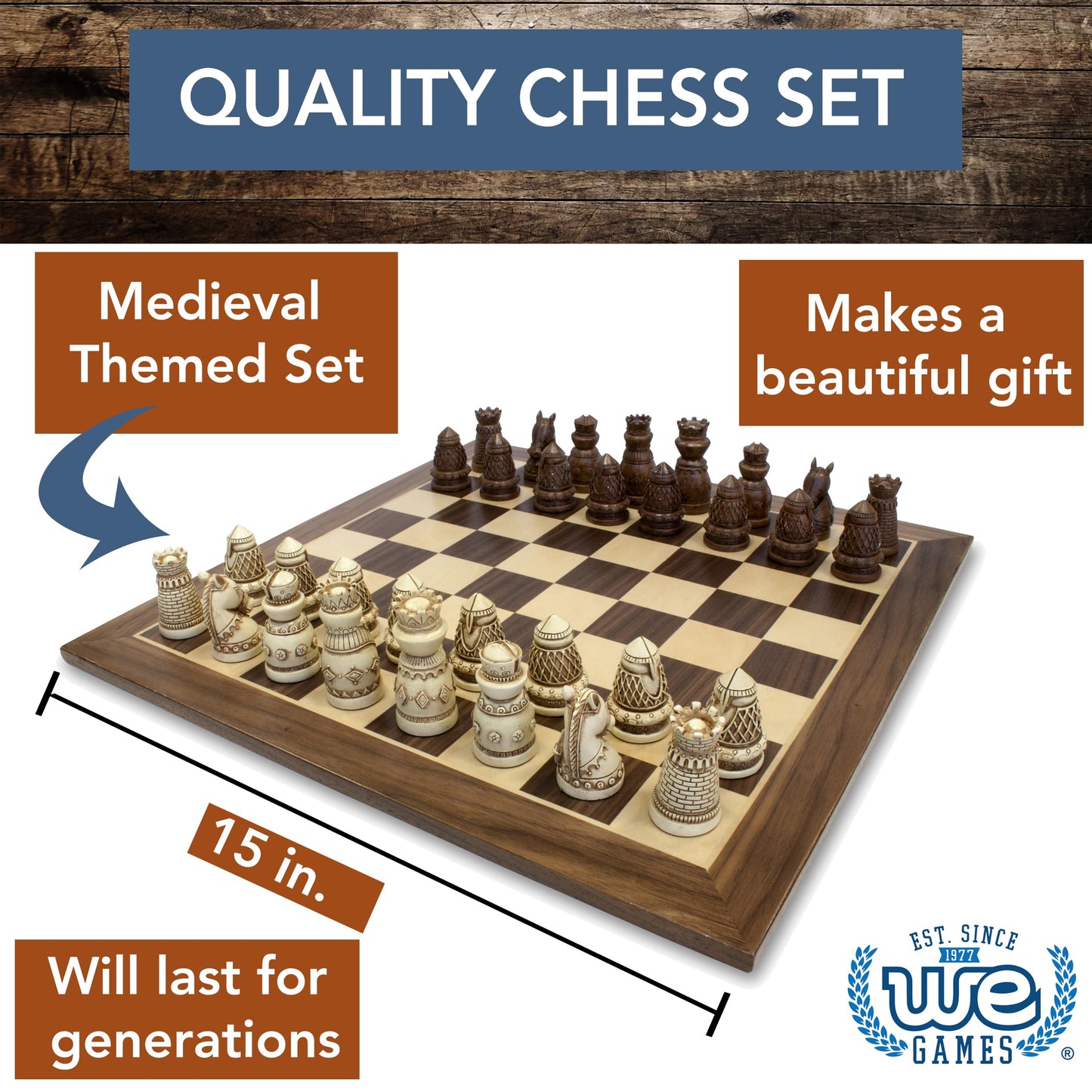 We Games Medieval Themed Chess Set - Wooden Chess Board With Intricate Polystone Chess Pieces, Chess Sets For Adults, 15 In.