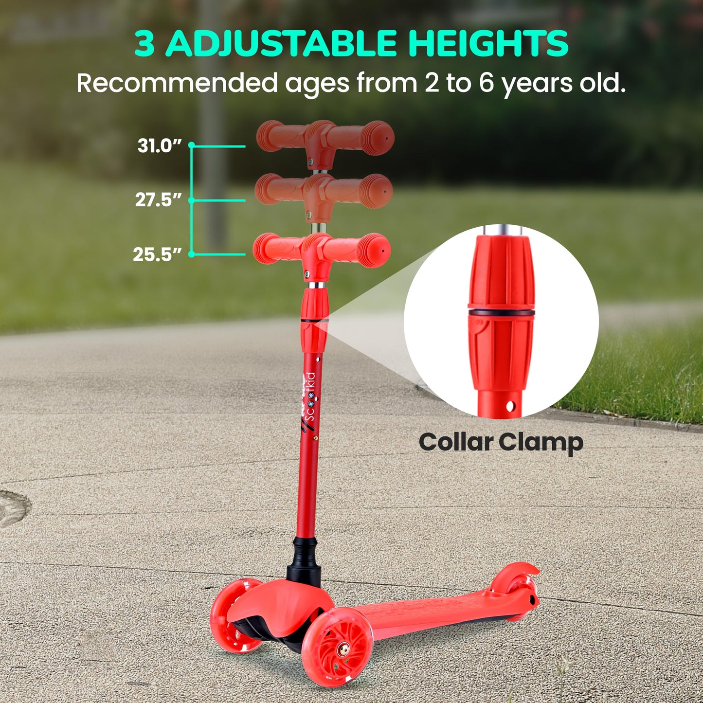 Hurtle Mini Kickboard Scooter for Kids - Height Adjustable 25-28, Lightweight 3-Wheel with LED Light-up Wheels, Anti-Slip,In