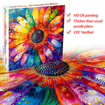 Bgraamiens Puzzle-Colorful Rainbow Pointillisme Gerber Flower Jigsaw Puzzle 1000 Pieces Puzzles For Adults,Flower Artwork For Adults,Color Challenging Puzzle
