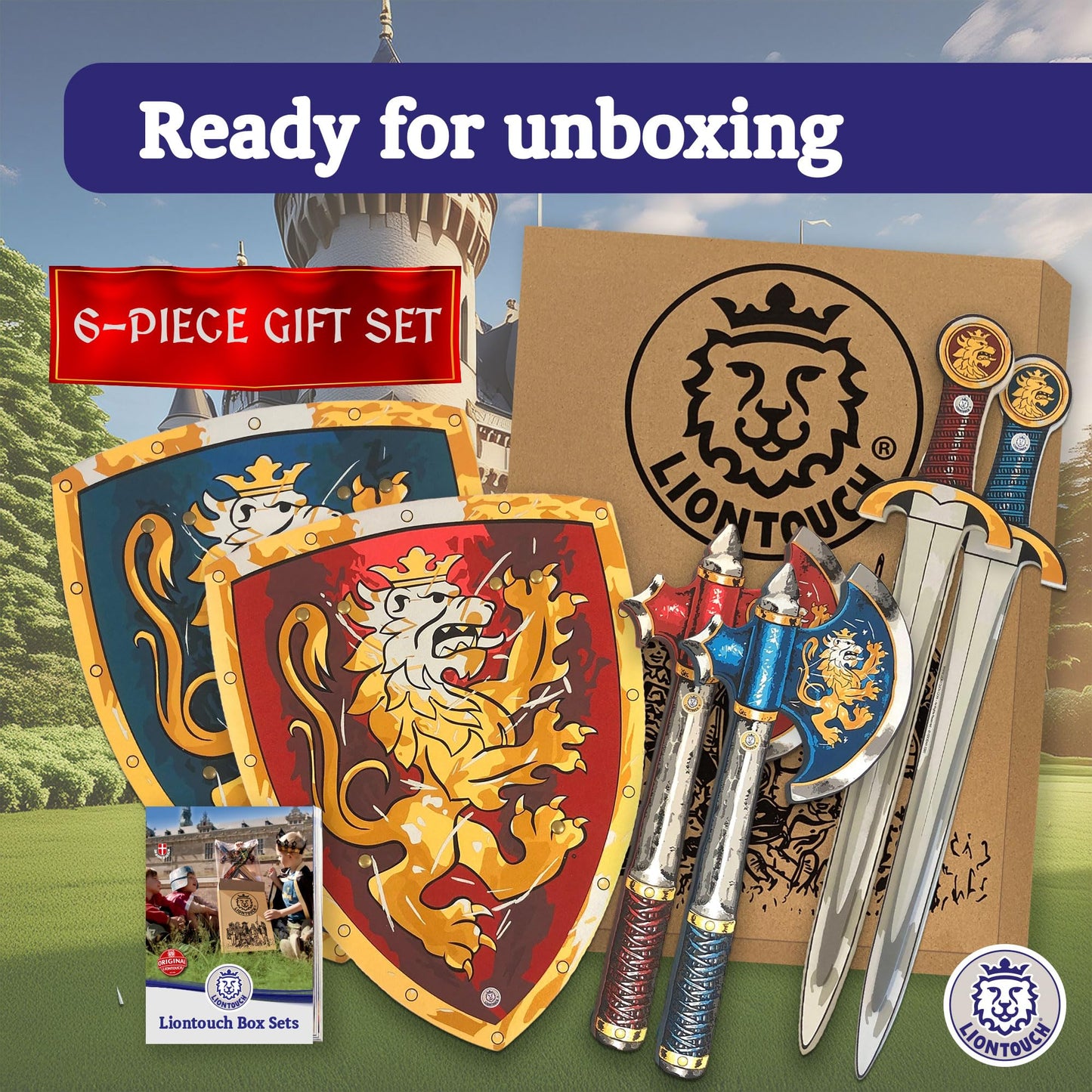 Liontouch - Noble Knight Toy decorative replica blades  Shields & Axes  Blue & Red | Medieval Pretend Play Set for 2 Boys in Foam with Golden Lion Theme | Safe  & Combat Accessories for Dress Up & Costumes