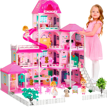 Seifar Doll House for Girls,10 Rooms Dollhouse with Dolls Figure, Puppies, Furnitures, Accessories, Playhouse Gift for Kids 3 4 
