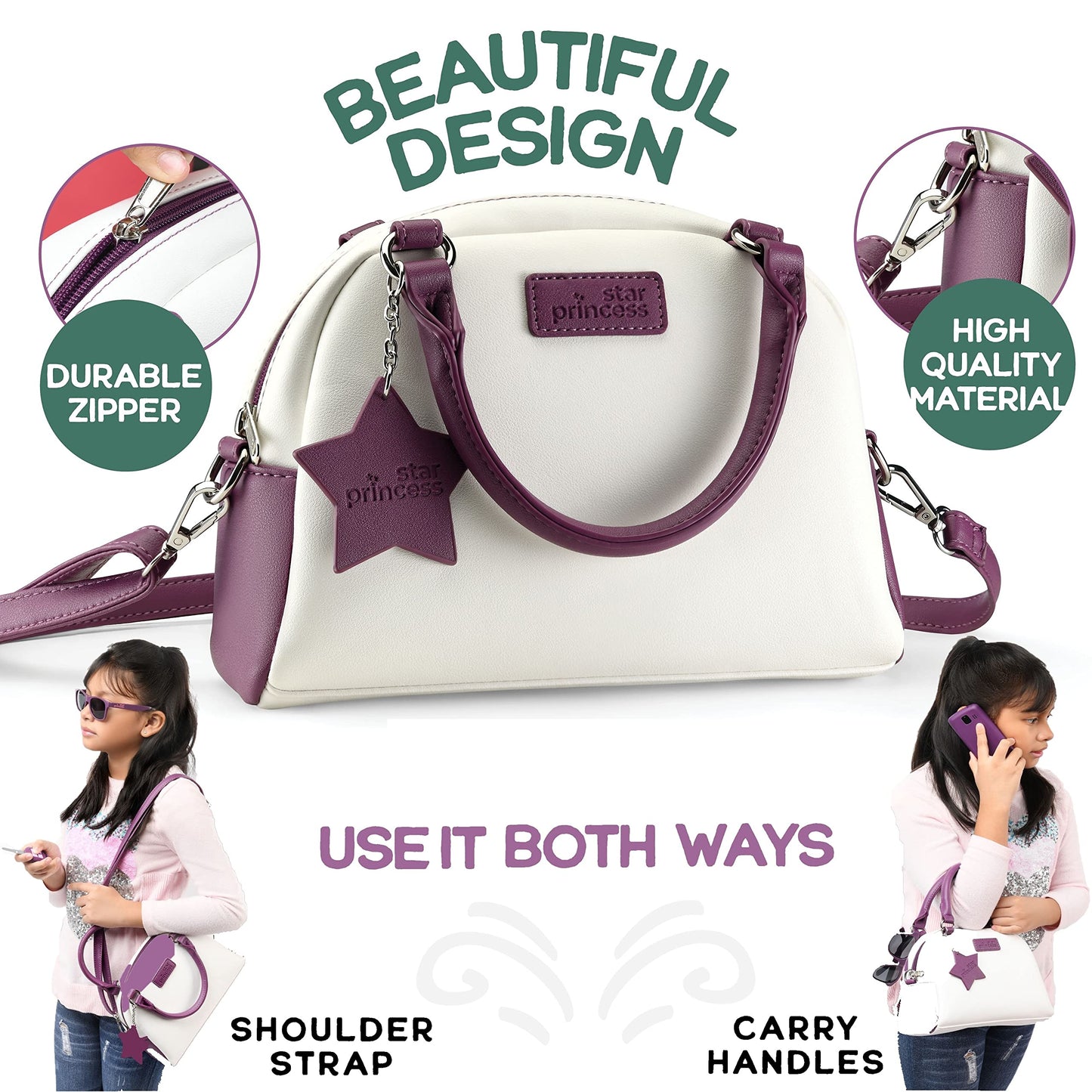 Star Princess Little Girls Purse Set - Purple Handbag with Accessories & Pretend Makeup for Toddlers, Model CB-1007