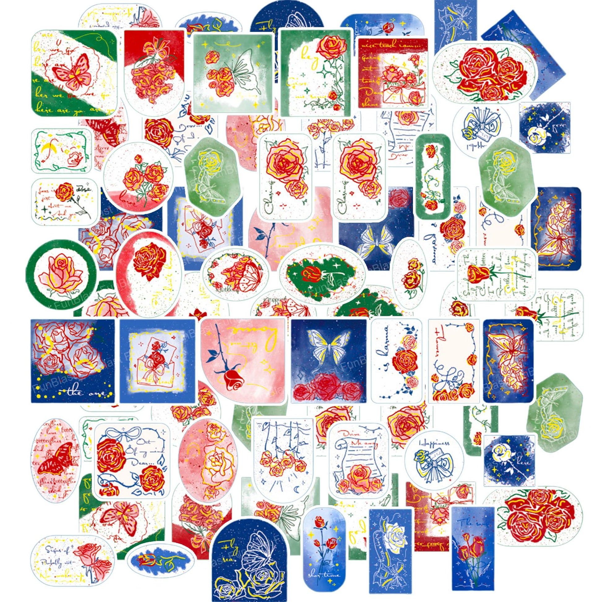 Funblast Kawaii Sticker Set  80 Pcs/40 Designs Stamping Stickers Self Adhesive, Retro Literary Flower Plant Decorative Stickers