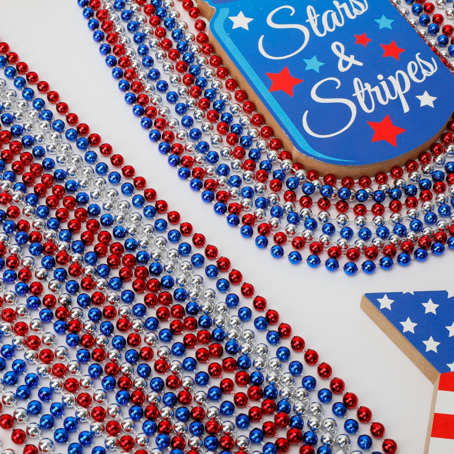 Huskein 120 Pcs 4Th Of July Necklace, 33'' Red Silver Blue Metallic Beaded Necklaces, Independence Day Party Accessories Patriot