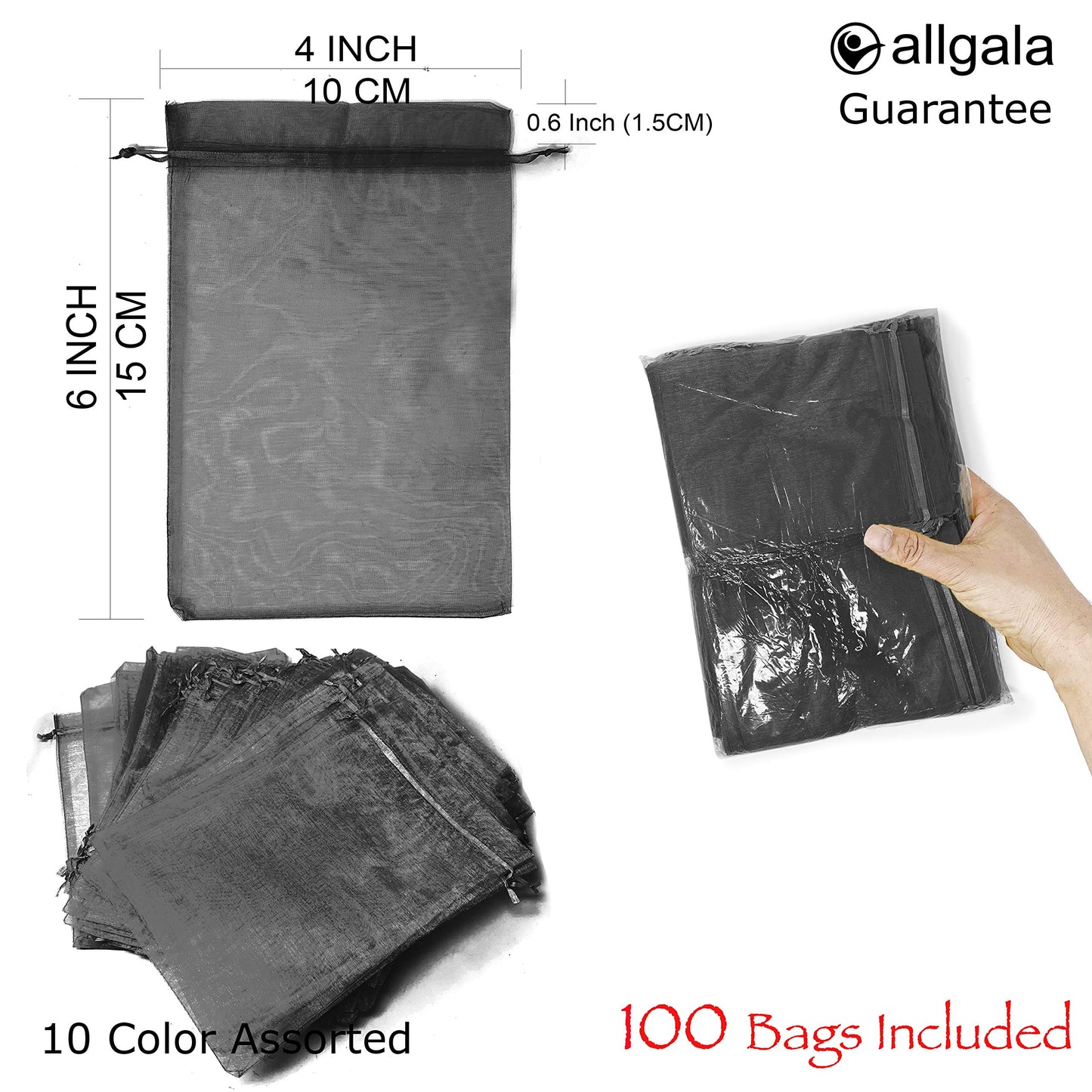 Allgala 100 Count Orangza Gift Party Favor Bags with Drawstring-4x6 Inch-Black-PF53102