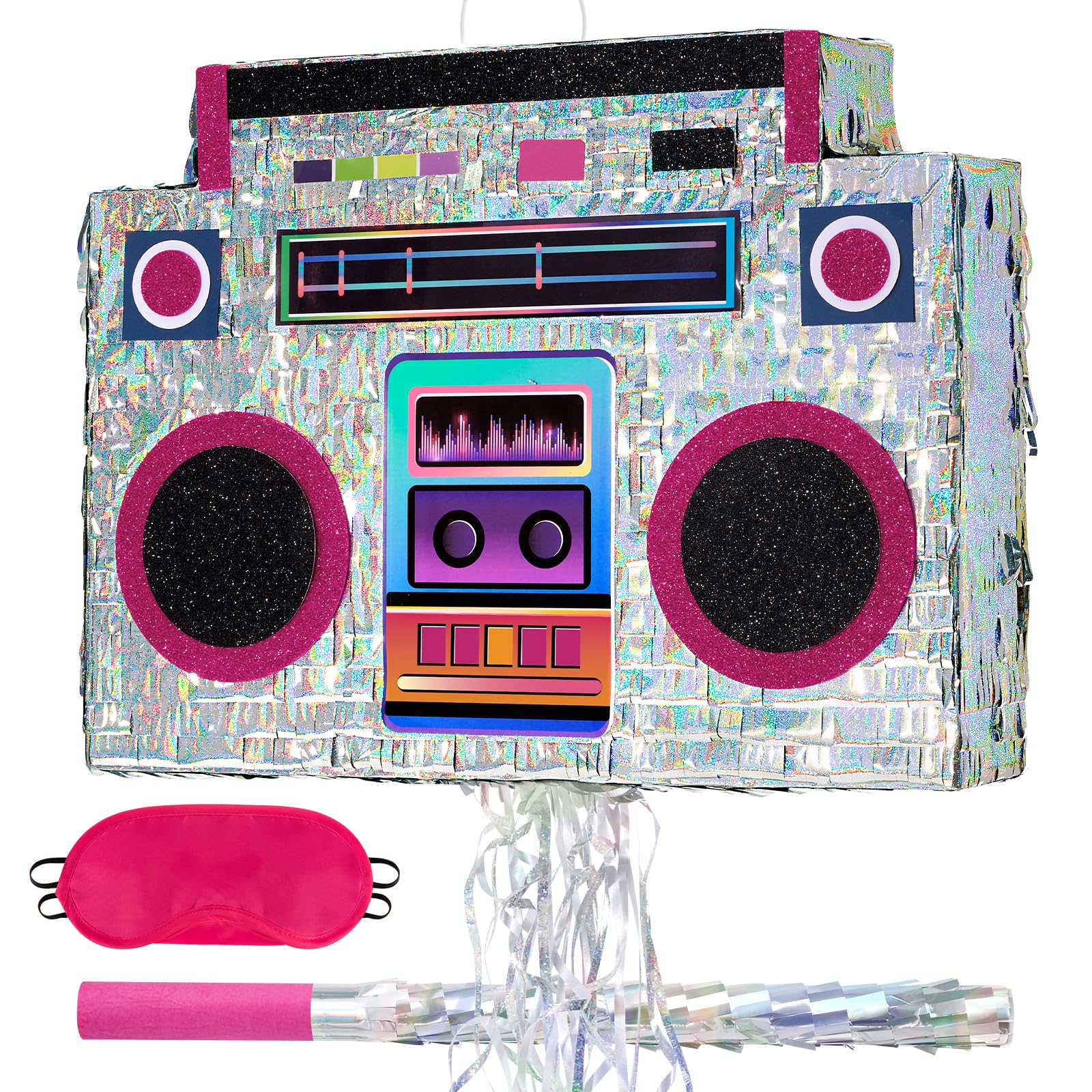 WERNNSAI Music Player Piata - 80s and 90s Theme Party Decorations Piata Bundle with Blindfold and Bat Music Piata for Adults Kid