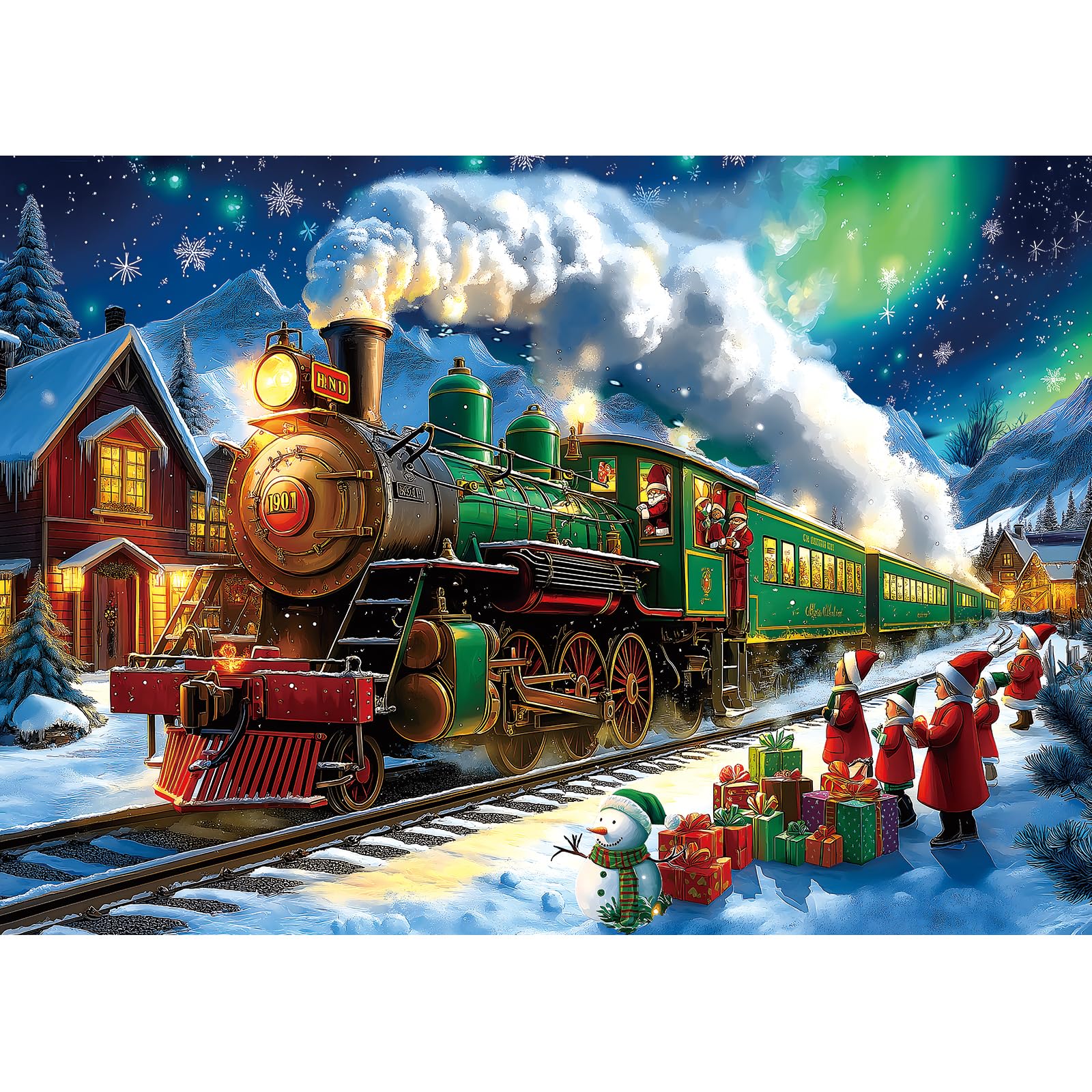 Blueforest Christmas 1000 Piece Jigsaw Puzzle for mature-themeds - 27.5x19.7 Inches Holiday Train Scene with Aurora & Santa  Challenging Fun mature-themed Puzzles  Home Decor