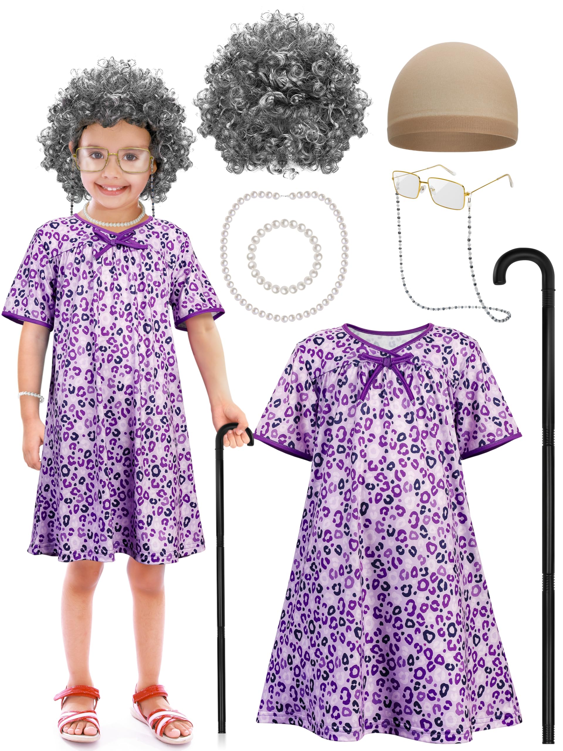Huskein Old Lady Costume For Kids, Girls 100 Day Of School Cosplay Black White Curly Wig Cap Glasses Cane Necklace Bracelet