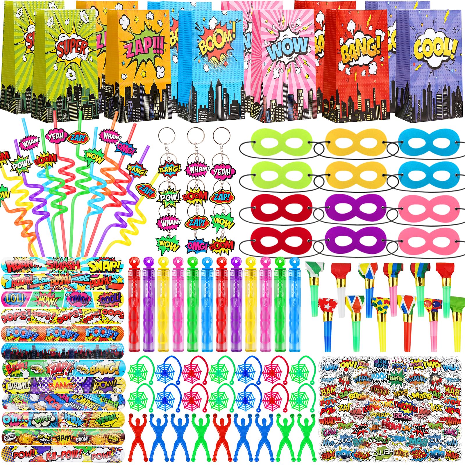 We1stdsee 158Pcs Hero Party Favors - for 12 Guests, Hero Birthday Party Supplies, with Mask Straw Slap Bracelets Keychain Party 