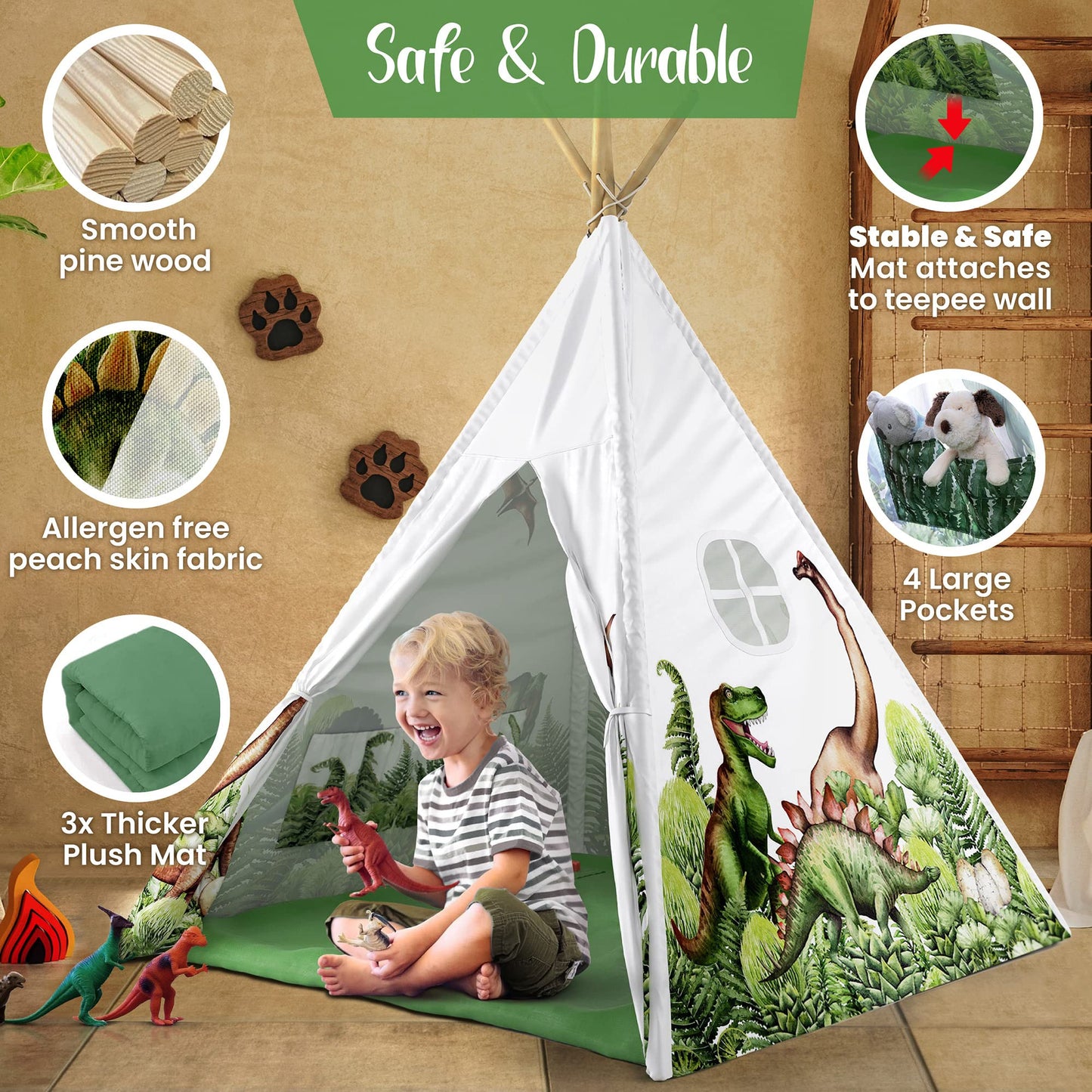 W&O Dinosaur Discovery Teepee with Roar Button, LED Lights & Plush Mat - Stable Dino Teepee for Playtime Fun