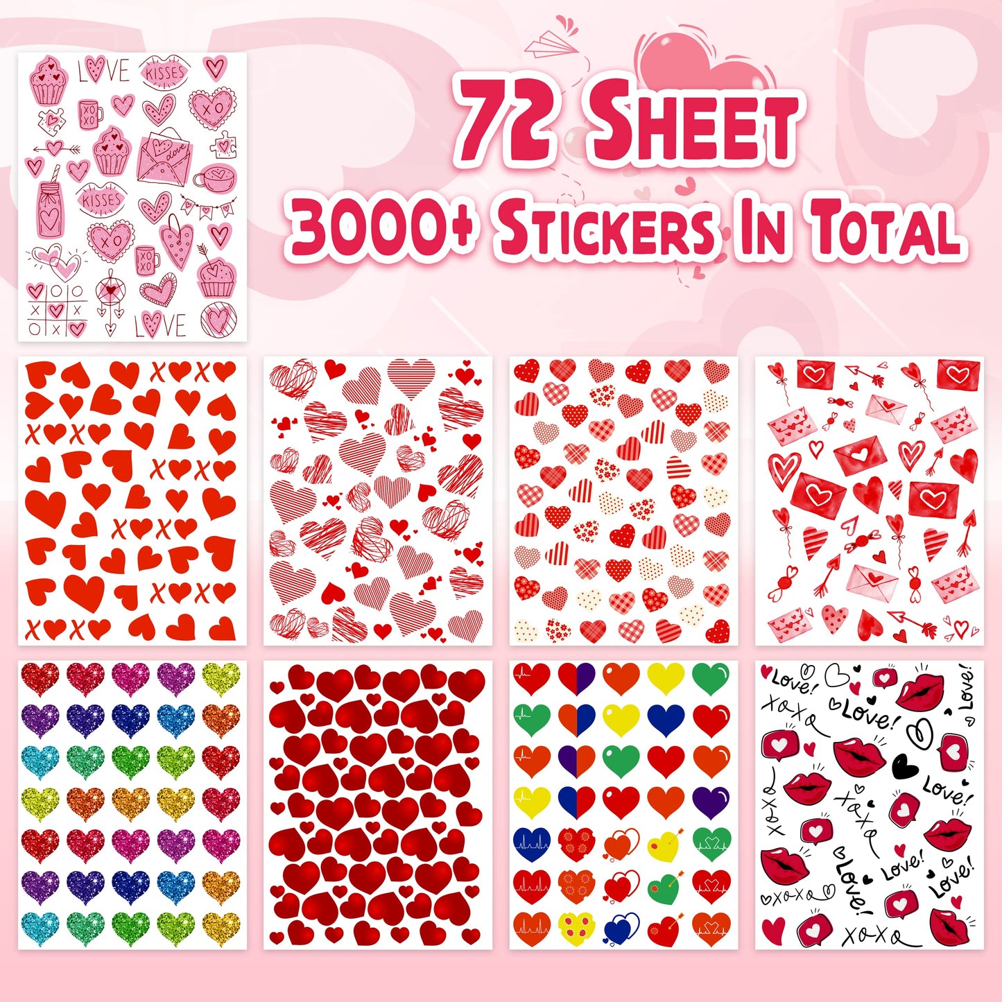 Linaye Valentines Heart Stickers For Kids - 3000Pcs Cute Valentines Day Stickers 72 Sheets Love Stickers For Cards Envelopes Cra