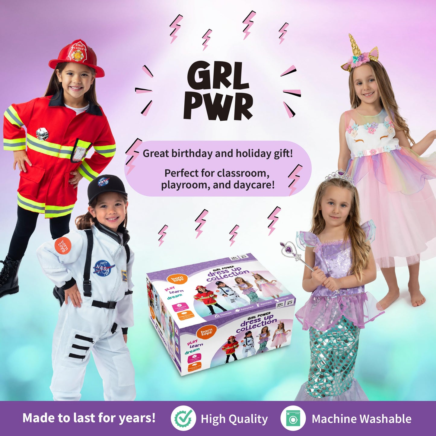 Born Toys Dress Up Clothes For Little Girls 4-6, Washable Toddler Costumes For Kids Pretend Play 3T-4T