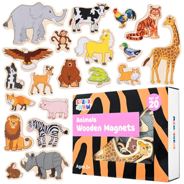 Spark & Wow Wooden Magnets - Animals - Set Of 20 - Magnets For Kids Ages 2+ - Cute Animal Magnets For Fridges, Whiteboards And More