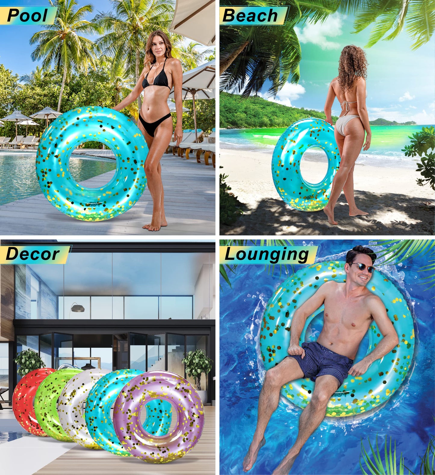 CoTa Global Inflatable Pool Float Tube - enhanced Sparkly Confetti Pool Float  Inflatable Tube Ring Pool Float for Kids and mature-themeds  Heavy Duty Pool Ring Party Float for Beach  Lake - 36 Inch  Blue Gold
