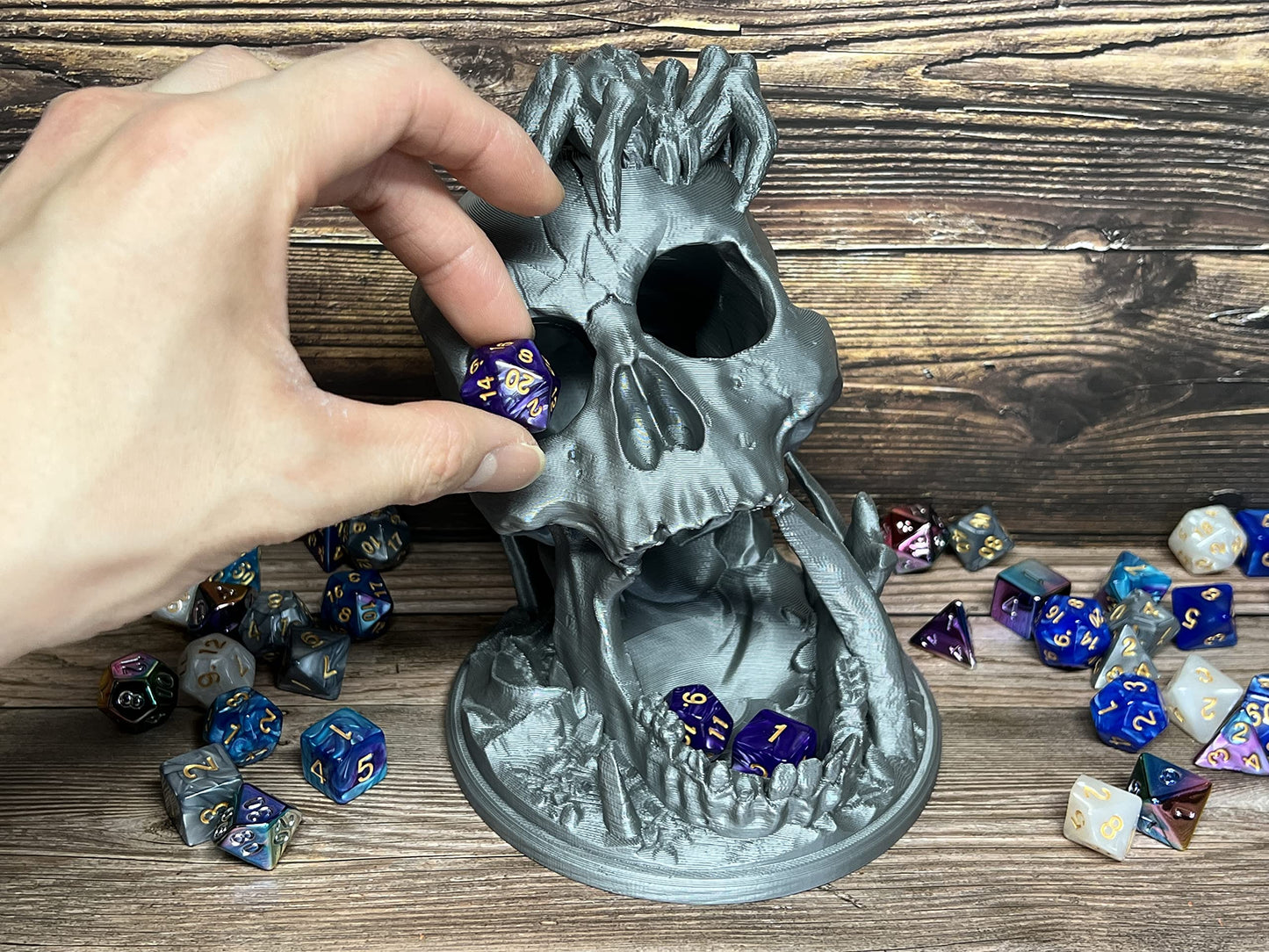 MunnyGrubbers - 6.5  Skull Dice Tower - (Random 7PCS D20 Dice Set Included) - No Paint Odorless Plastic - Tabletop Roleplaying Game - Dice Roller - Dungeons and Dragons - DND - D&D - (Marble)