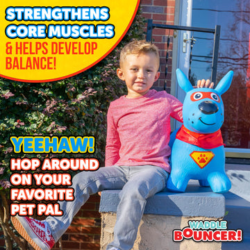 Waddle Bouncy Hopper Inflatable Hopping Animal, Indoors And Outdoors Toy For Toddlers And Kids, Pump Included, Boys And Girls Ages 2 Years And U (Blue Super Hero Dog)