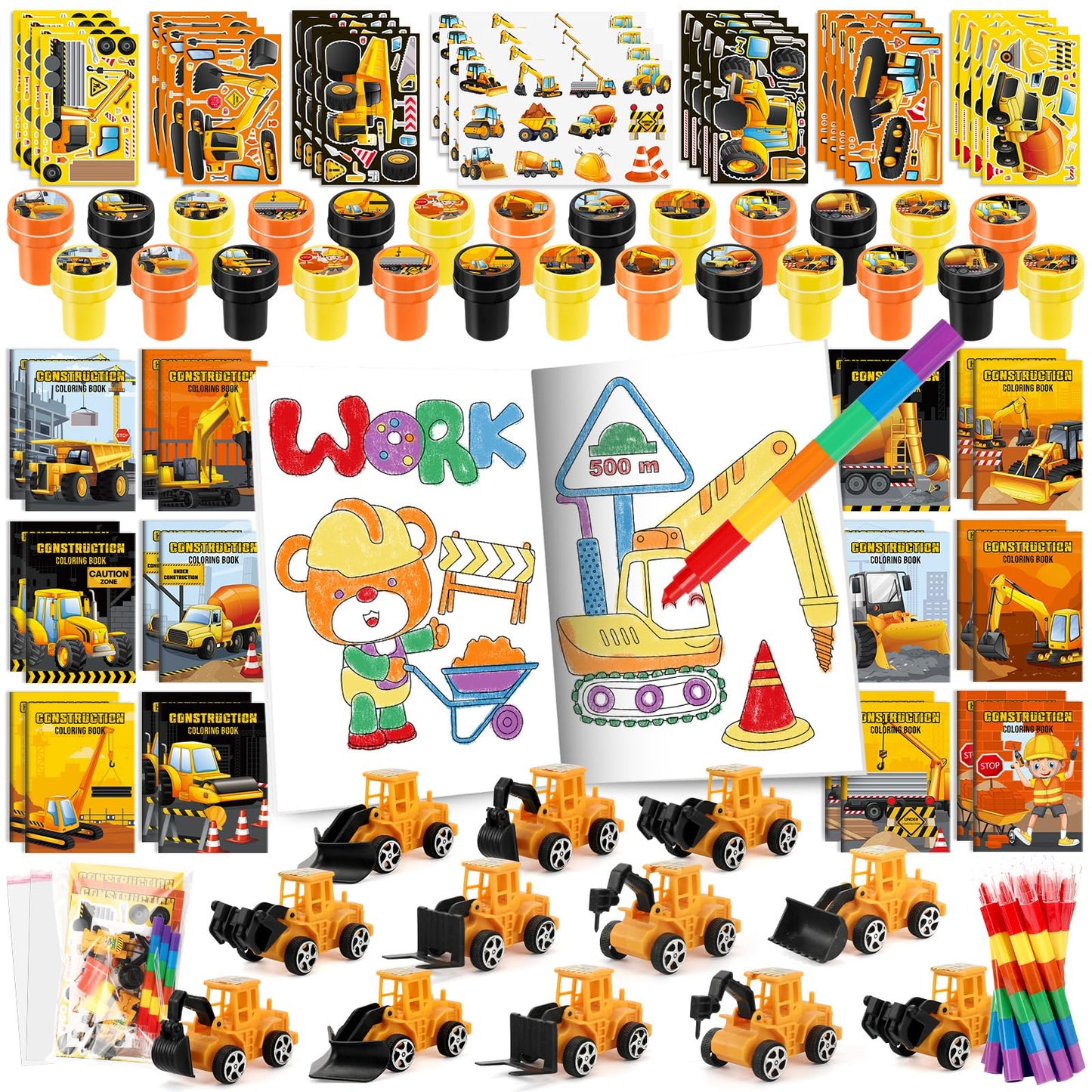 BenLouis 168Pcs Construction Party Favors Excavator Theme Coloring Books Crayons Sticker Set Bulk for Kids Construction Birthday