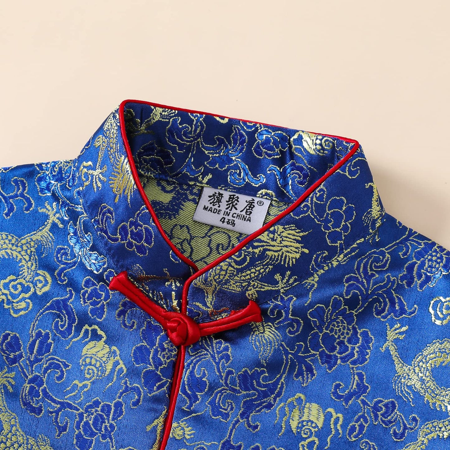 Boy Tang Suit Dragon Long Sleeve Shirt Chinese New Year Outfit Chinese Traditional Clothes For Kids (Blue,6-8 Years)