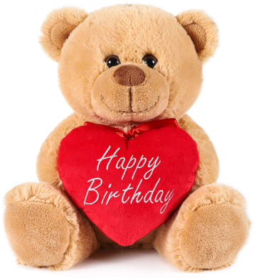Brubaker Teddy Bear With Red Heart - Happy Birthday - 9.5 Inches - Cuddly Plush Toy - Light Brown