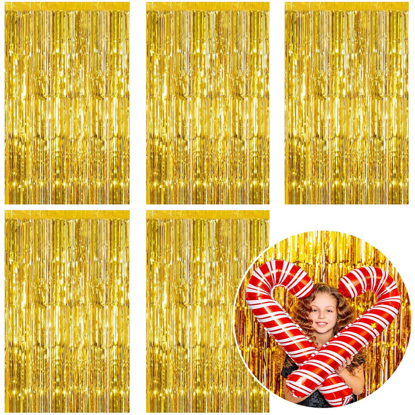 5 Pack Foil Curtain Backdrop Gold Metallic Tinsel Foil Fringe Curtains Photo Booth Props for Birthday Wedding Engagement Baby Sh