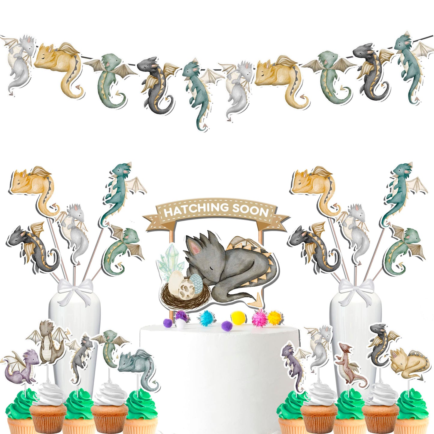 Dragons Baby Shower Party Decoration Set , Magic Dragon Theme Party Supplies Bundle For Baby Shower.