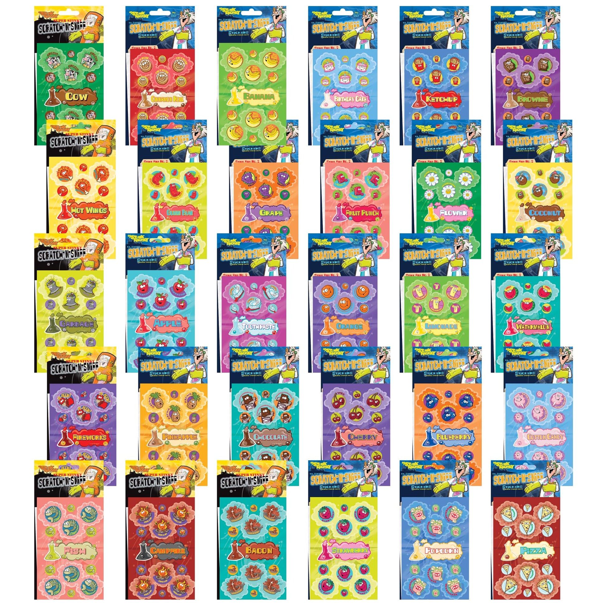 Dr. Stinkys Scratch N Sniff Stickers 30-Pack- Strawberry, Apple, Banana, Pizza, Garbage, Cherry, Birthday Cake, Chocolate, Cott