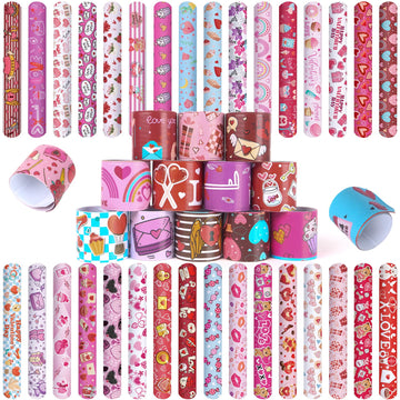 MCPINKY 64PCS Valentines Day Slap Bracelets, Slap Wristbands Assorted Red Valentines Day Snap Bands for Valentine's Day Party Fa