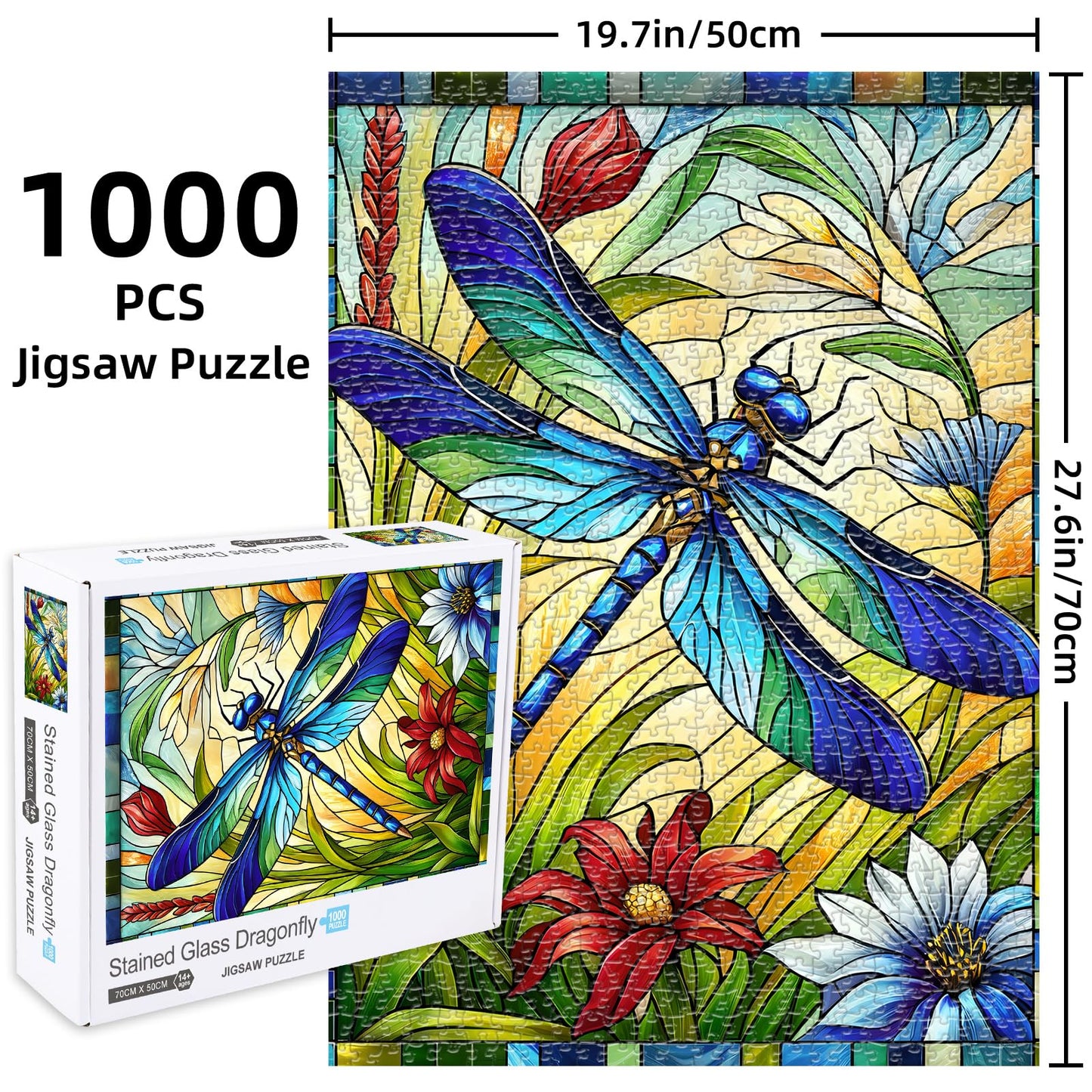 Sutinban Stained Glass Dragonfly 1000 Piece Puzzles  Jigsaw Puzzle 1000 Pieces for mature-themeds  Coolest mature-themed Puzzles for Happy Family Time  Great Gift for Jigsaw Puzzle Lovers  27.5?x19.7?
