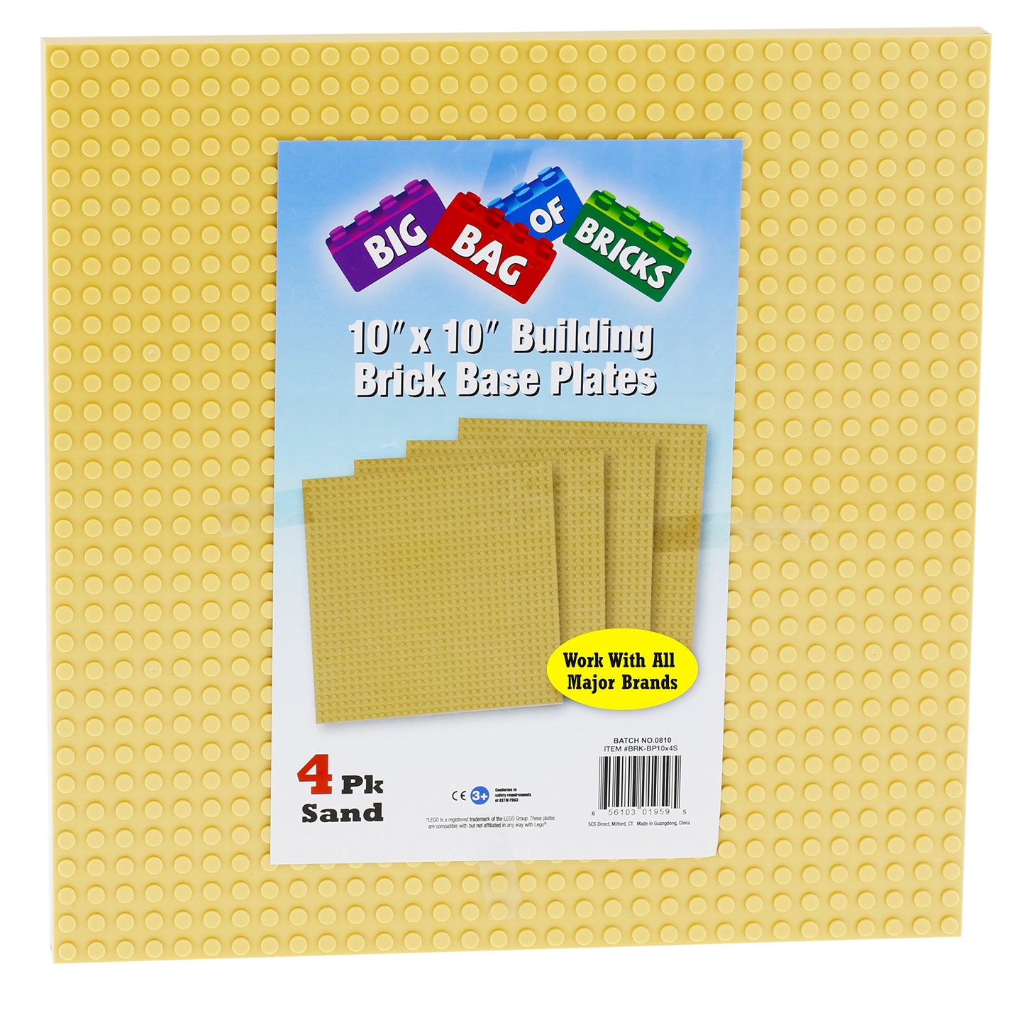 Scs Direct Brick Building Base Plates - Large 10'X10' Sand Baseplates (4Pcs) - Dual Connectivity Connects Blocks On Both Top & Bottom Sides, Tight Fit W All Brand, Great For Kids Play Table, Gift