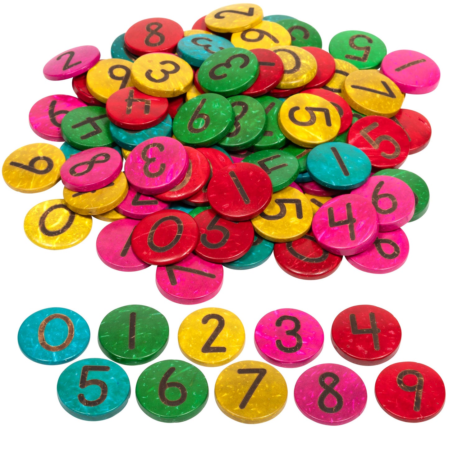 Ready 2 Learn - Ce10006 Coconut Numbers - Set Of 100 - 0-9 - 5 Colors - Natural, Hand Made Counters For Kids - Math Manipulative