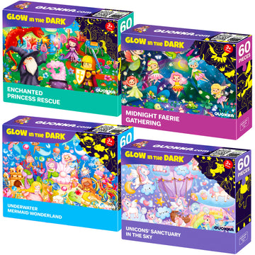 Quokka 4X60 Piece Puzzles For Kids Ages 4-6 – Glow-In-The-Dark Puzzles For Kids 4-8 I Unicorns, Mermaids, Fairy Tale I Fun Educational Toddler Puzzle For Boys And Girls – Educational Game Toys Gift