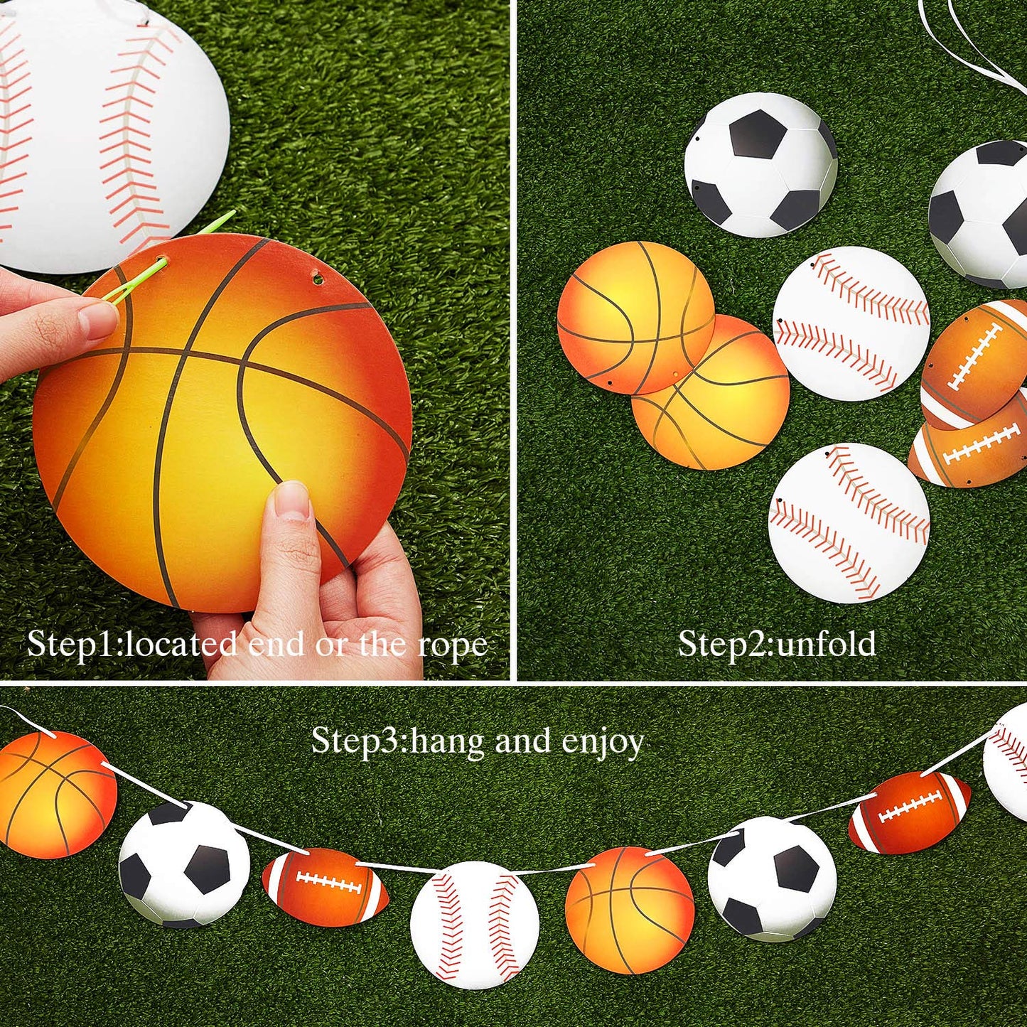 Outus 4 Pcs Sports Theme Banner 78 Inch Basketball Football Baseball Soccer Bunting Hanging Paper Garland for Birthday Baby Show