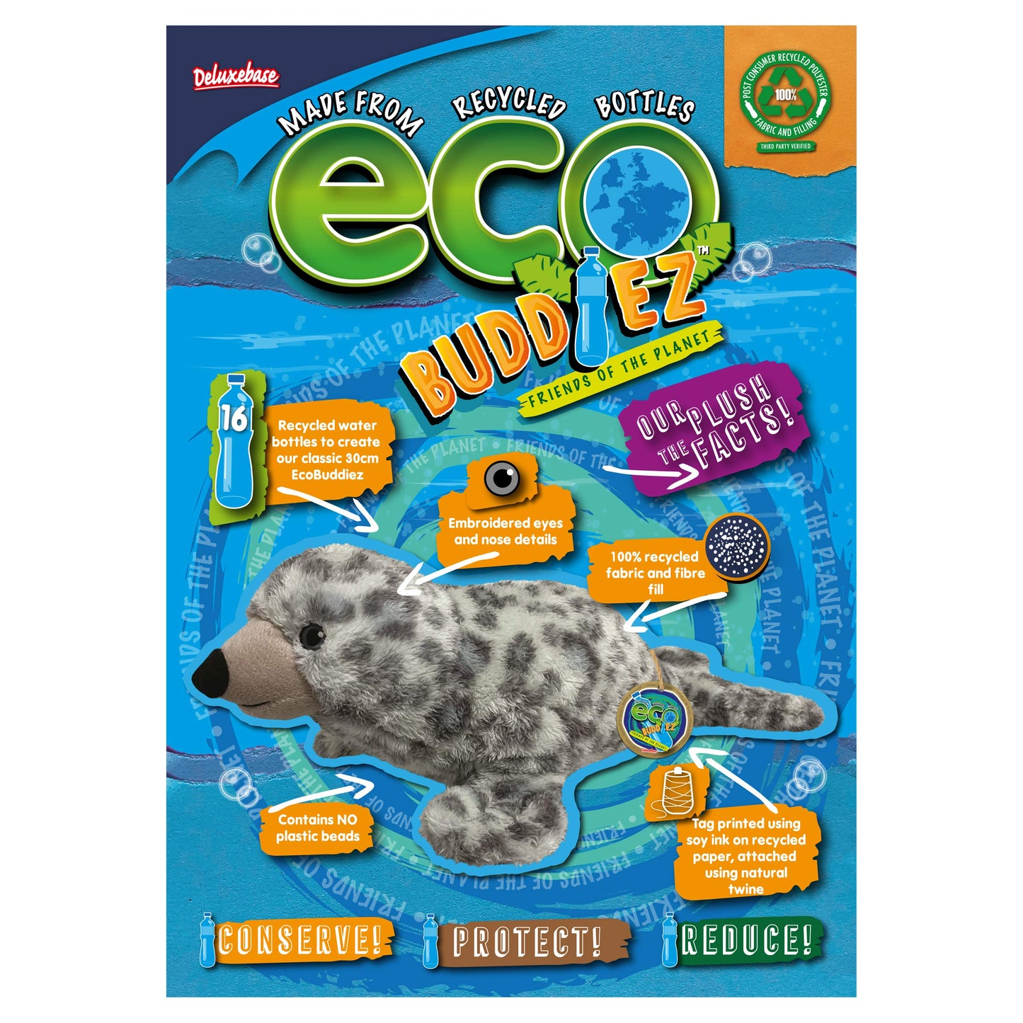 Ecobuddiez - Harbour Seal From Deluxebase. 16-Inch Sustainable Plush Animal From Recycled Materials, Eco-Friendly Soft Stuffed T