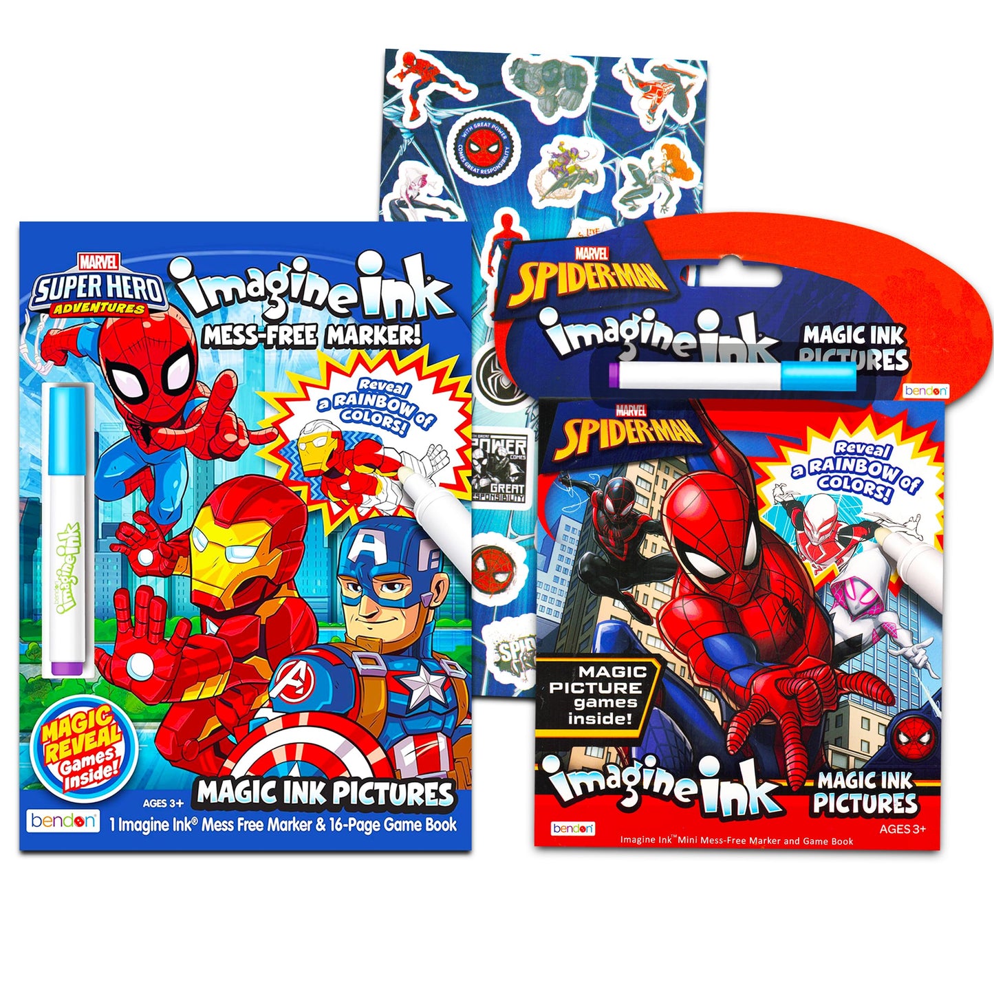 Marvel Store Spiderman Imagine Ink Coloring Book Set -- 2 Mess-Free Books with Stickers,No Mess Magic Pens,Games,Puzzles,Mazes,A