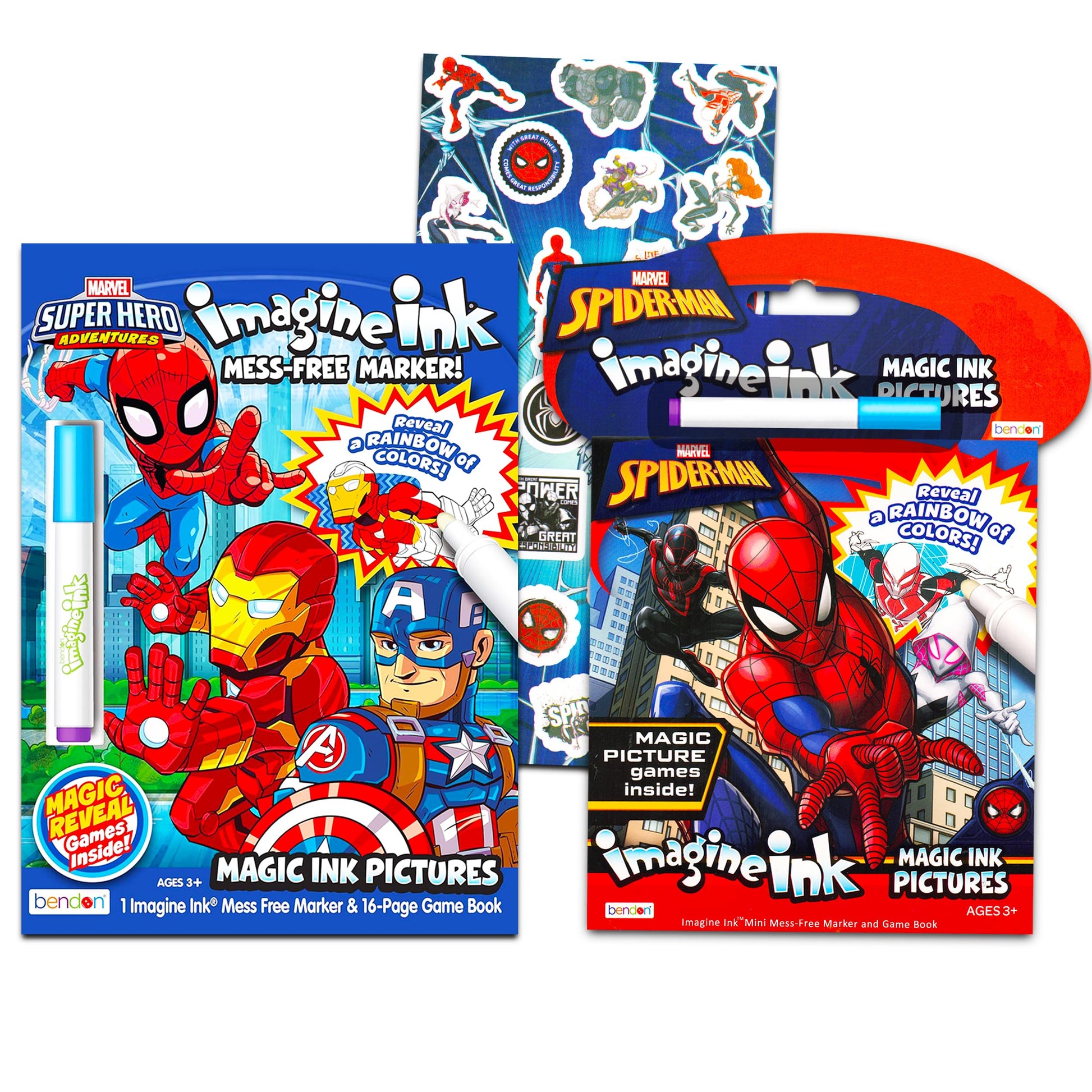 Marvel Store Spiderman Imagine Ink Coloring Book Set -- 2 Mess-Free Books with Stickers,No Mess Magic Pens,Games,Puzzles,Mazes,A