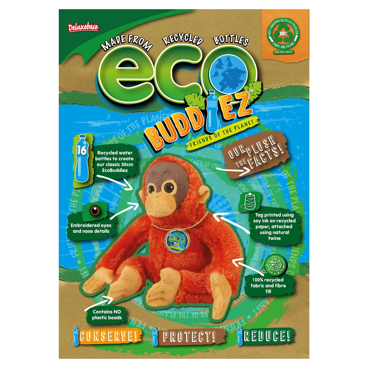 Ecobuddiez - Orangutan From Deluxebase. 8-Inch Sustainable Plush Animal From Recycled Materials, Eco-Friendly Soft Stuffed Toy,