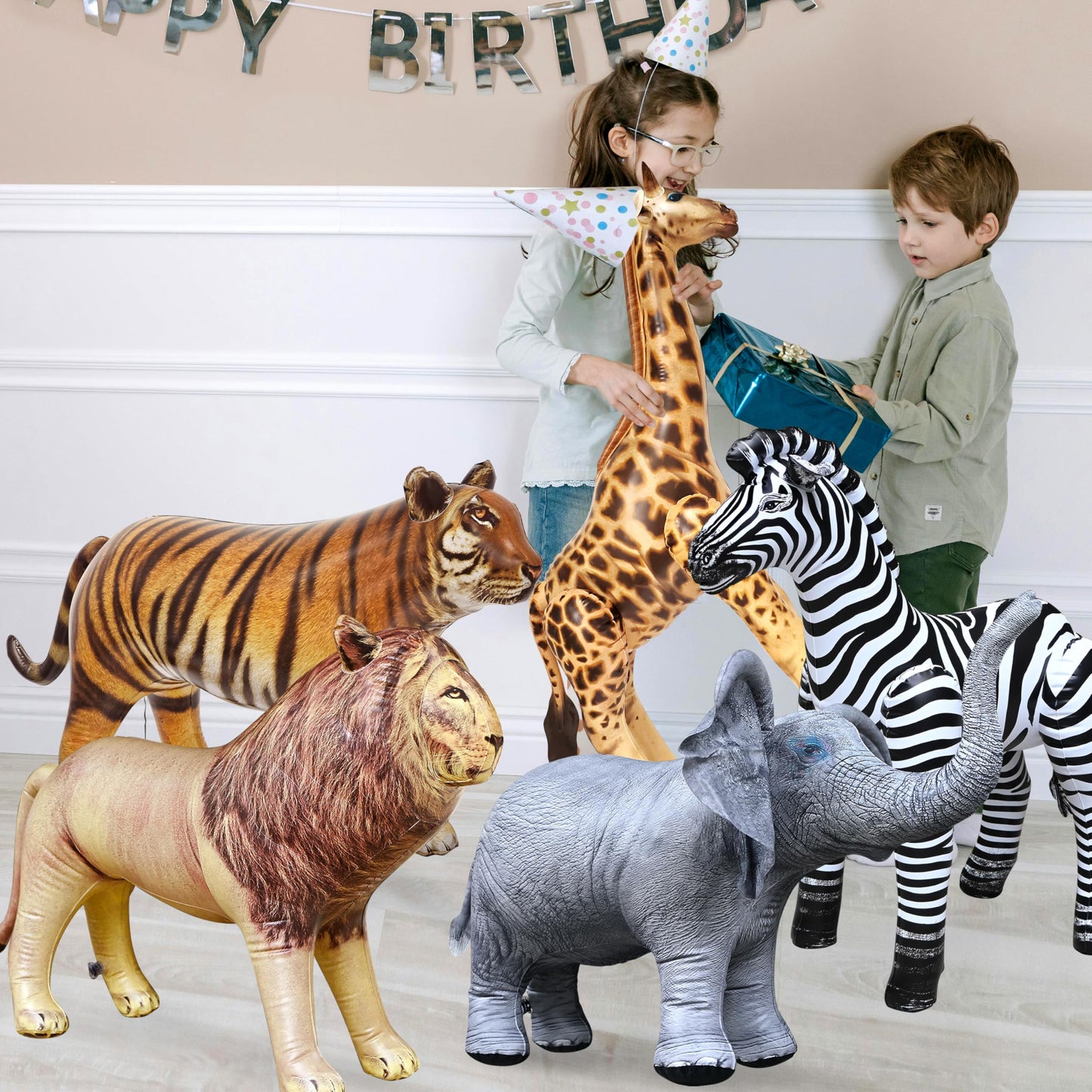Airniture Inflatable Wildlife Safari Set - 5-PK Realistic Animals (Giraffe 36", Zebra 32", Elephant 19", Lion 24", Tiger 20") - Mult