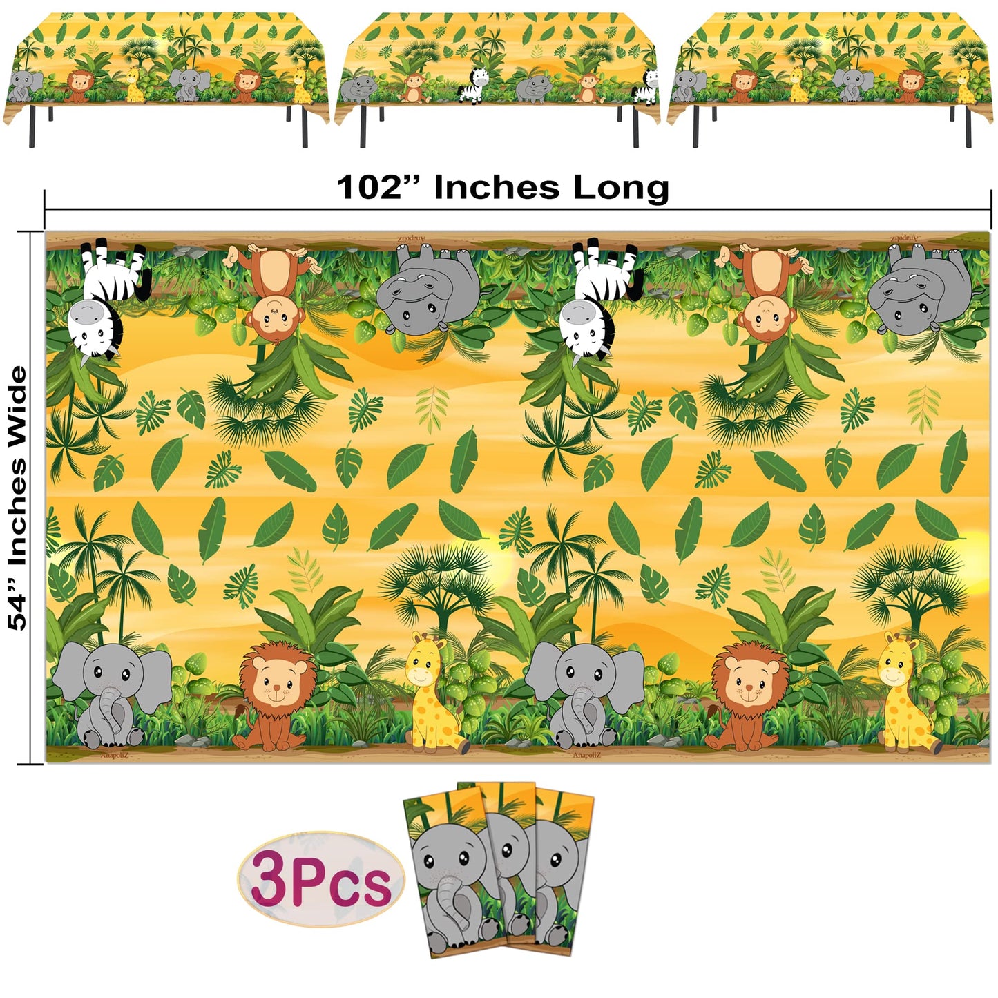 AnapoliZ Jungle Animal Tablecloth | 3 Pcs Pack 54 Wide x 102 Long | Plastic Safari Animal Table Cover | Zoo, Jungle Party Deco