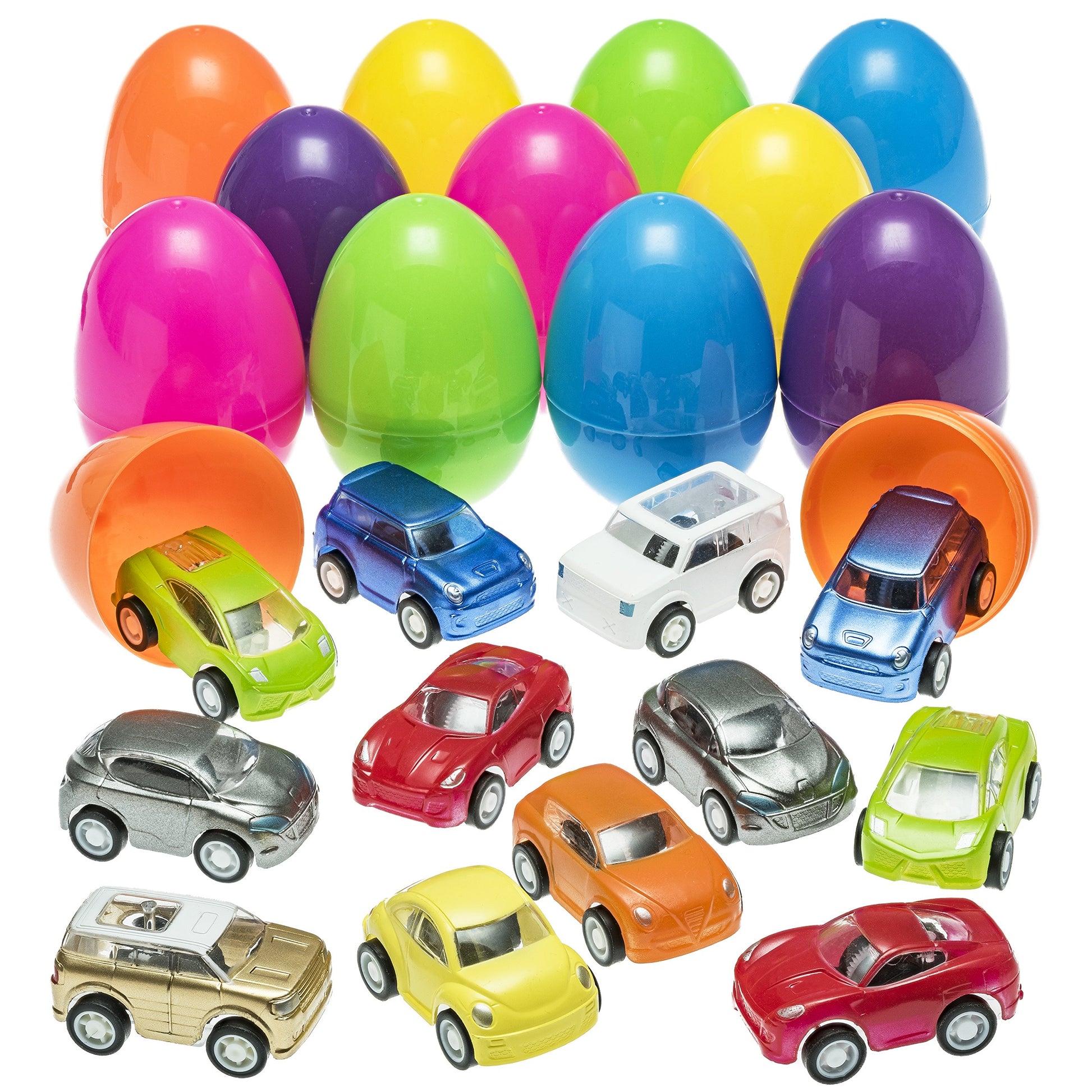 Prextex Stuffed Easter Eggs Toy With Mini Pull-Back Toy Car Inside | Plastic Easter Gifts/Presents For Girls, Boys, Kids, Toddlers | Easter Toys Basket Stuffers/Fillers