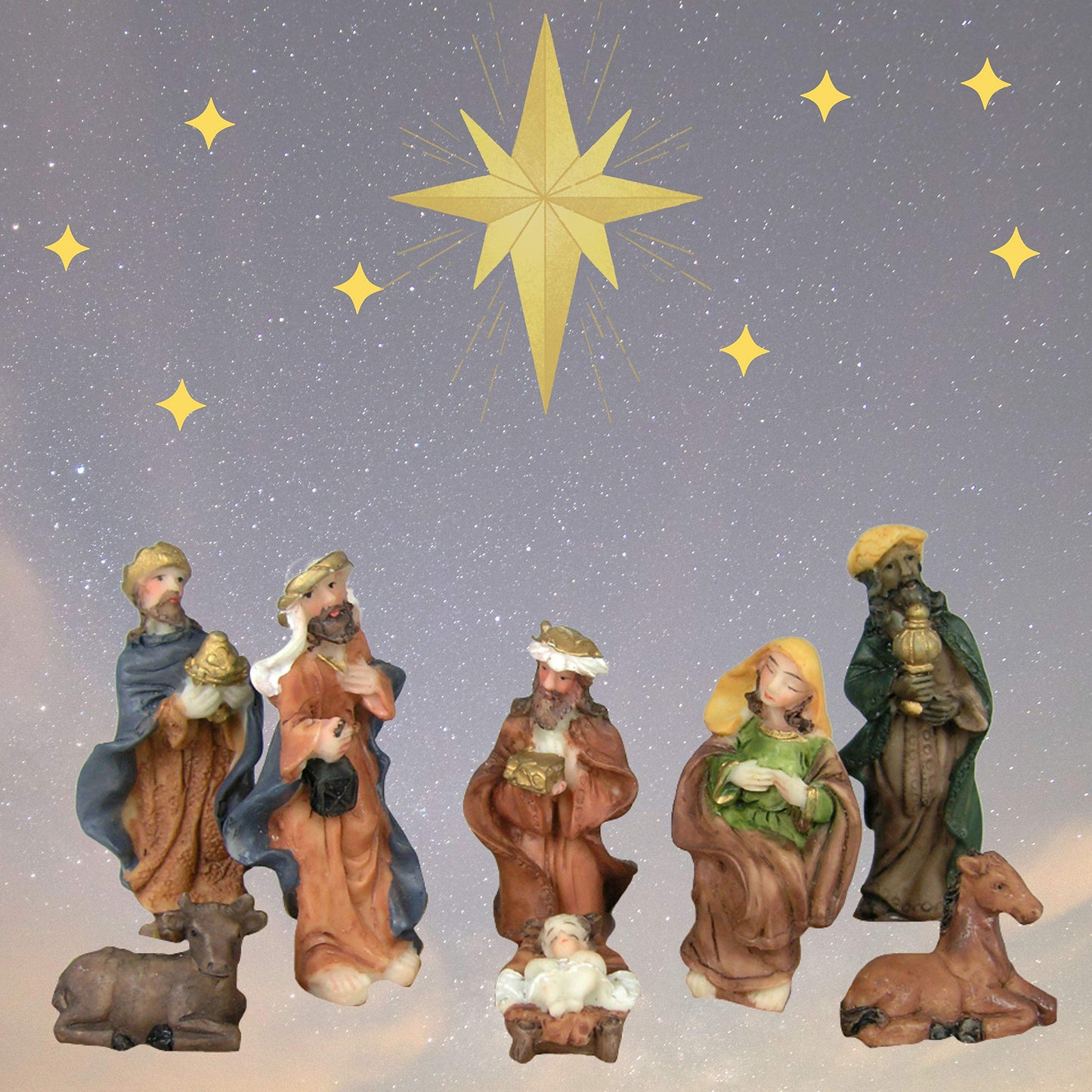 Banberry Designs Nativity Set - 8 Hand Painted Figures - Baby Jesus - Mary - Joseph - 3 Kings - Cow - Donkey - Measures 1/2'' To